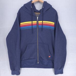 Aviator Nation Navy Zip-Up Hoodie with Yellow, Red & Blue Chest Stripes